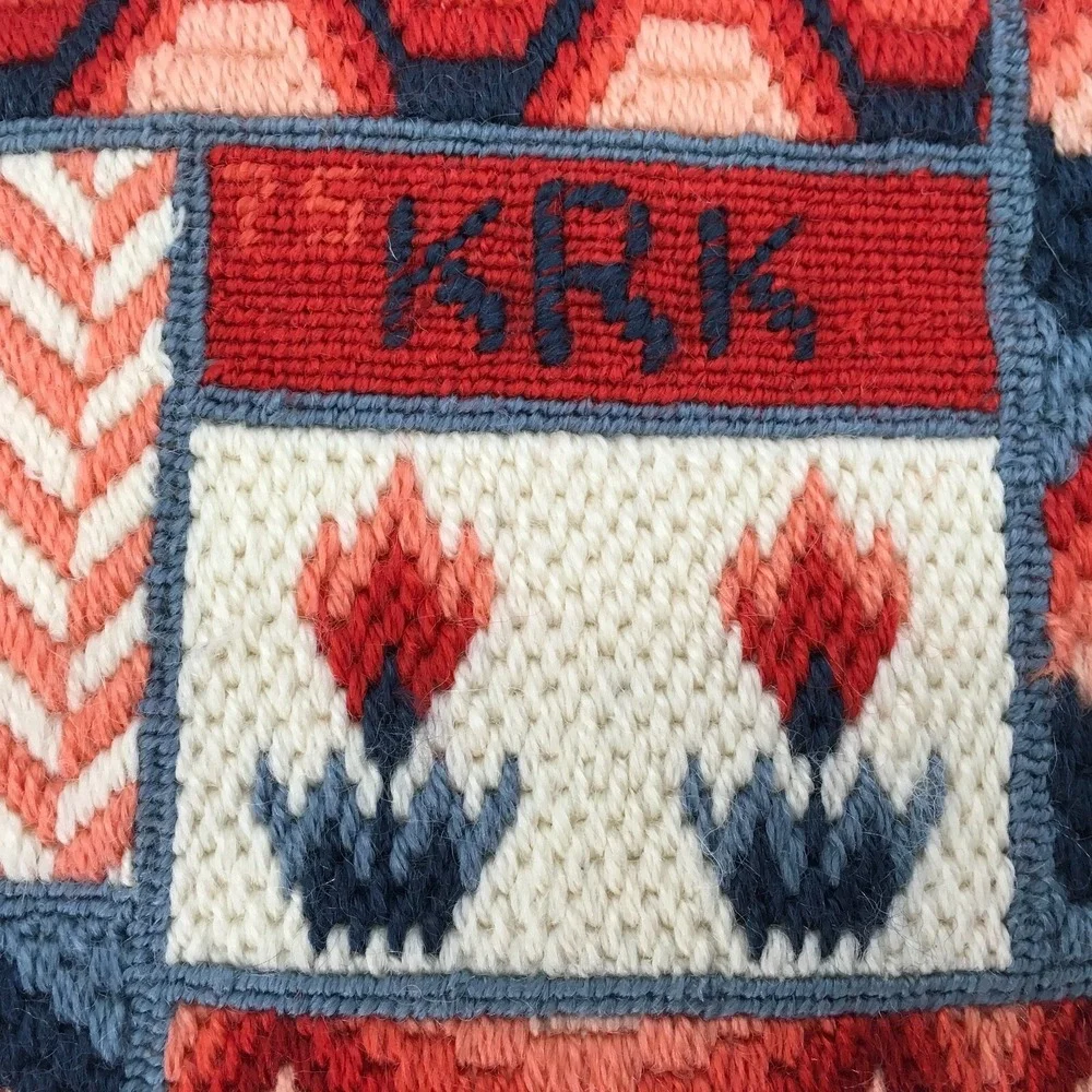 Vintage 1975 Needlepoint Pillow Square Sampler Style Floral Geometric‎ Blue Red